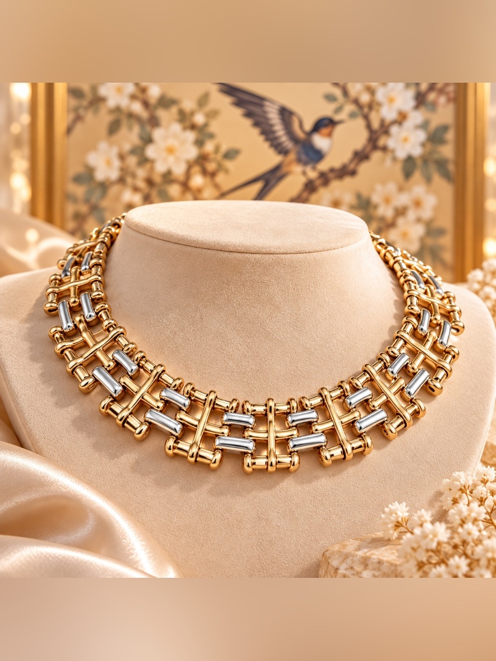 Two Tone Chunky Statement Collar Necklace Geometric Link Fifi Closet